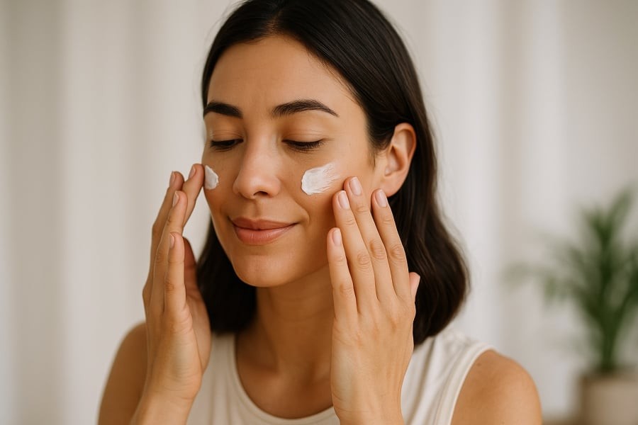 Phụ nữ đang thoa kem dưỡng da mỏng nhẹ vào buổi sáng để cung cấp độ ẩm cho da.