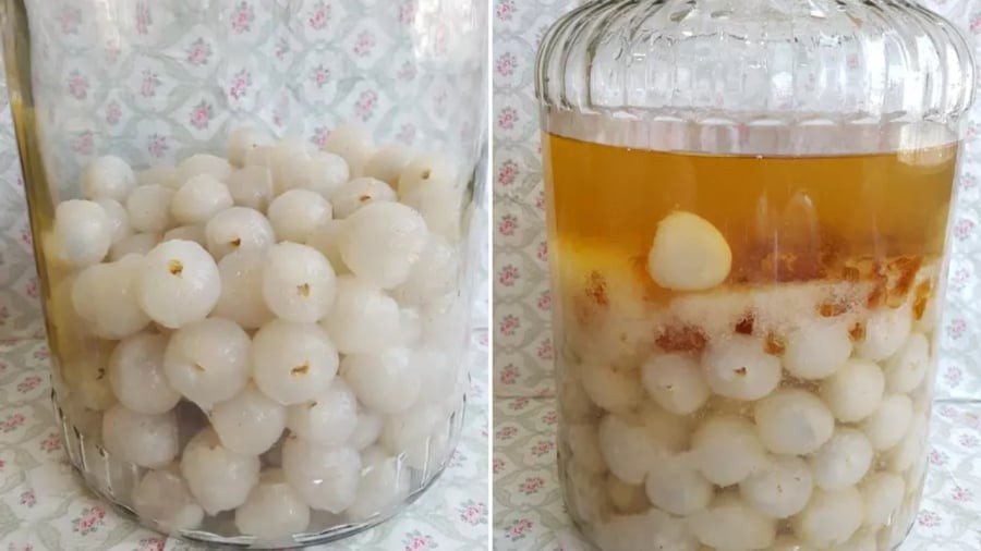 Sau một thời gian ủ lên men, phần nước đường sẽ chuyển dần thành màu vàng và có vị chua dịu. Đây là dấu hiệu cho thấy bạn đã làm giấm vải thành công.