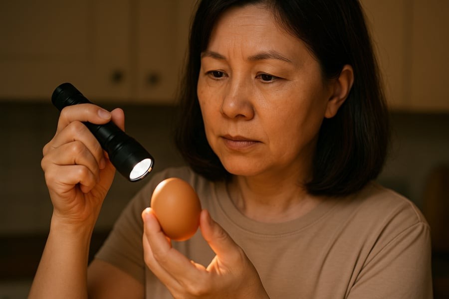 Kiểm tra trứng bằng cách soi dưới ánh sáng giúp nhận biết trứng tươi hay đã hỏng.