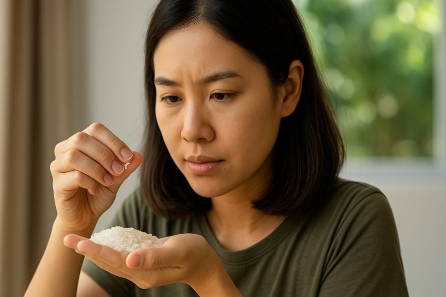 Cẩn thận quan sát màu sắc và độ bóng để nhận biết gạo sạch không tẩy trắng.