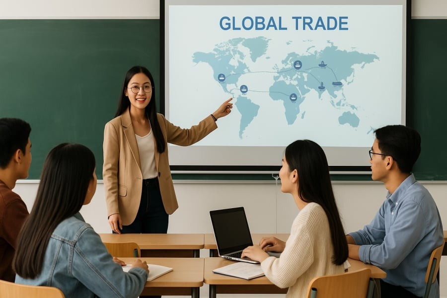 Sinh viên ngành Kinh tế Quốc tế rèn luyện kỹ năng thương thảo và tư duy toàn cầu ngay từ giảng đường.