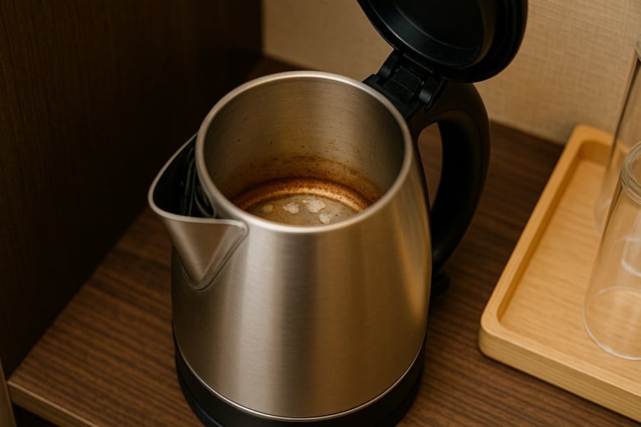 Đừng bỏ qua ấm đun nước – một trong những vật dụng dễ bị bỏ quên khi dọn phòng.