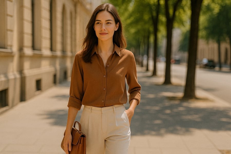 Trang phục màu nâu thanh lịch giúp cân bằng phong thủy mùa hè.