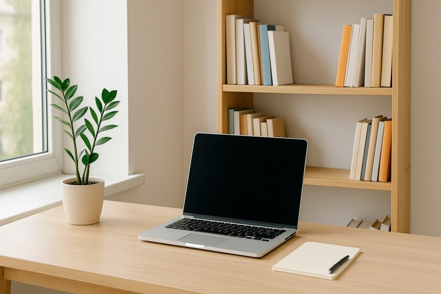 Góc làm việc gọn gàng, đủ ánh sáng và thêm cây phong thủy giúp thu hút tài lộc, tăng sự tập trung.