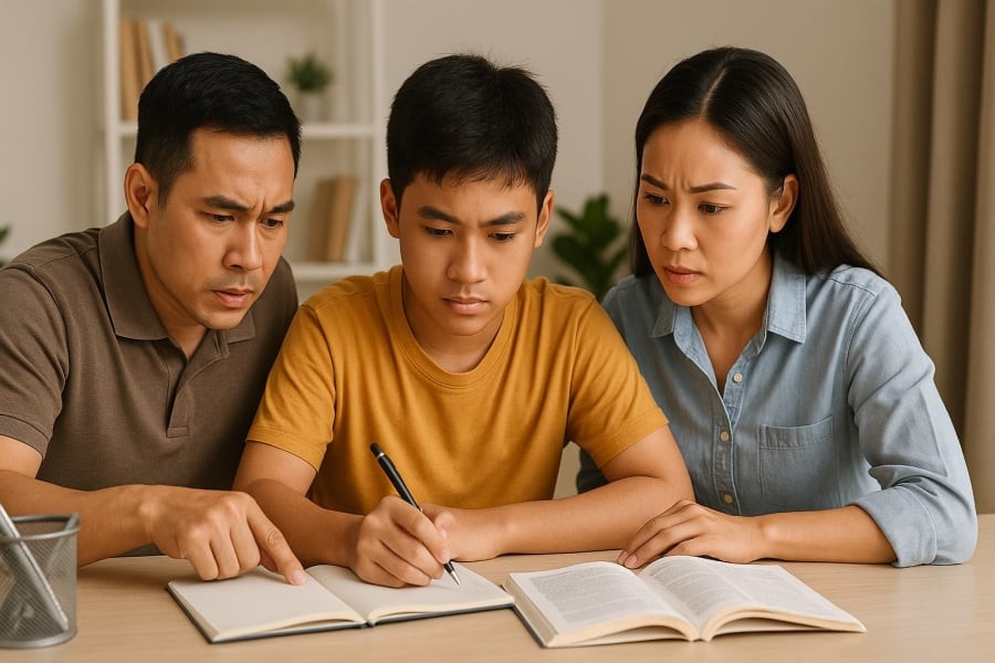 Cha mẹ đồng hành cùng con tìm giải pháp sau khi không đạt kết quả như mong đợi.