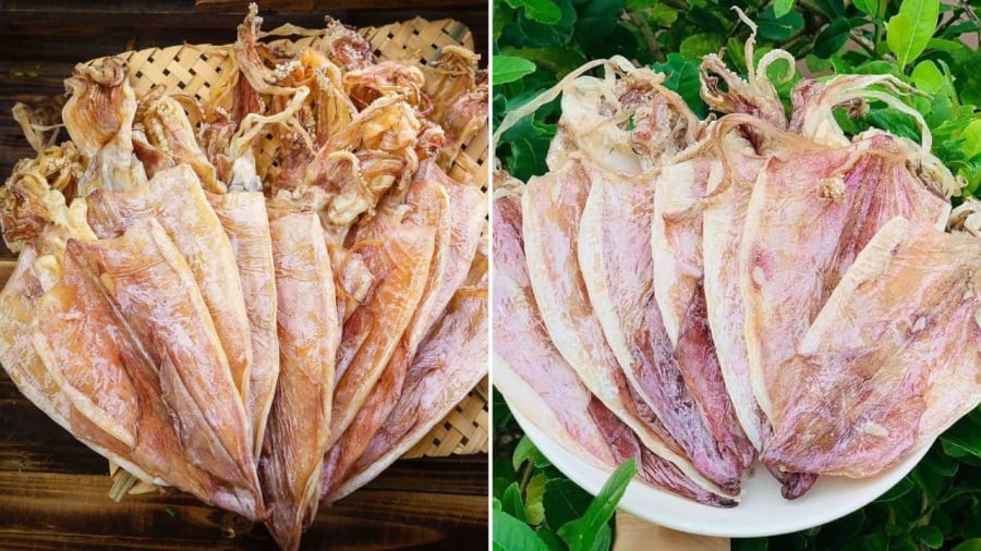 Mực khô ngon thường có màu cánh gián hoặc màu hồng nhạt tự nhiên, trên thân có một lớp phấn trắng.