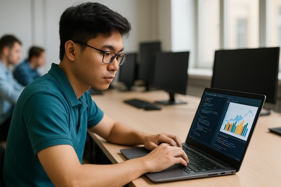 Sinh viên ngành Khoa học dữ liệu đang thực hành xử lý và phân tích dữ liệu thực tế.