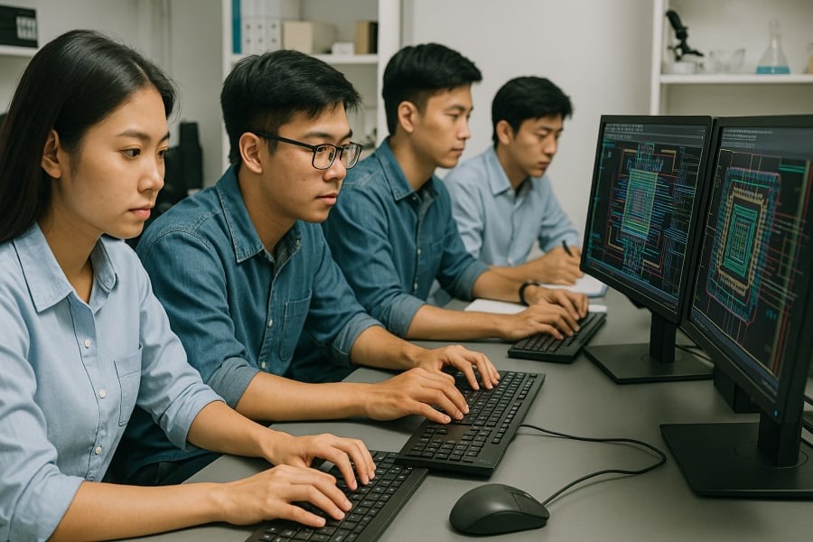 Kỹ sư trẻ Việt Nam hăng say nghiên cứu thiết kế chip bán dẫn hiện đại.