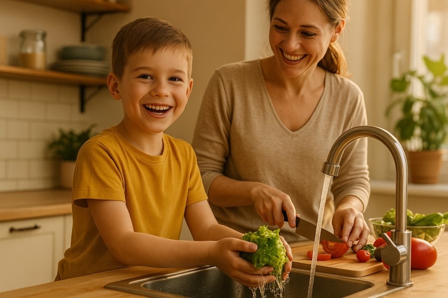 Trẻ tham gia làm việc nhà cùng người thân phát triển kỹ năng tự quản lý và tinh thần đồng đội