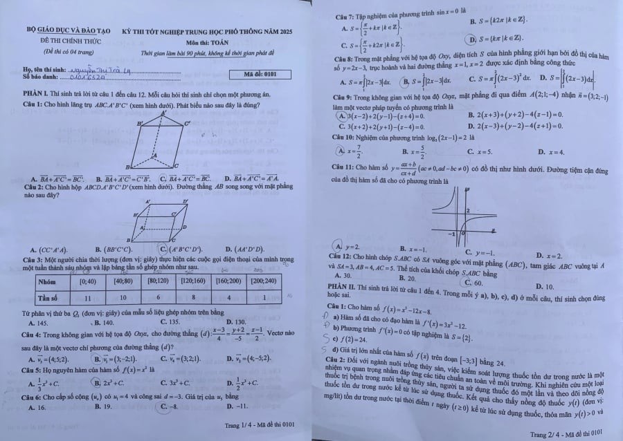 Đề thi Toán tốt nghiệp THPT năm 2025 mã đề 0101 trang 1-2.