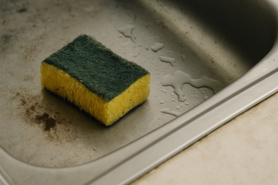 Miếng rửa chén bị sờn cũ để trên bồn rửa – nguồn phát tán vi nhựa tiềm ẩn trong căn bếp.