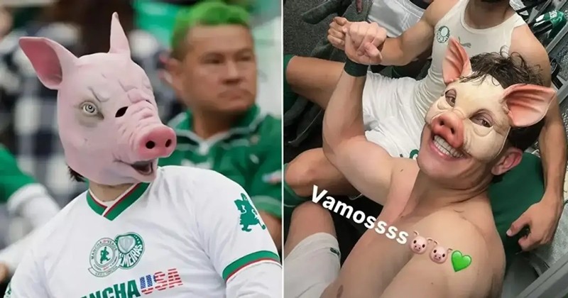 Agustin Giay và người hâm mộ Palmeiras đeo mặt nạ heo.