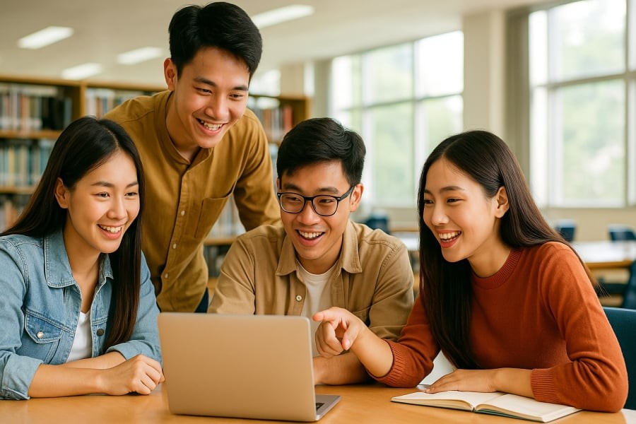Sinh viên ngành công nghệ thông tin đang học nhóm tại thư viện – ngành học dẫn đầu xu hướng tuyển sinh 2025.
