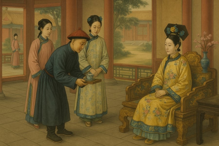 Thái giám đang dâng trà cho một phi tần trong hậu cung Tử Cấm Thành – minh chứng cho thân phận đặc biệt của họ giữa chốn cung đình khép kín.