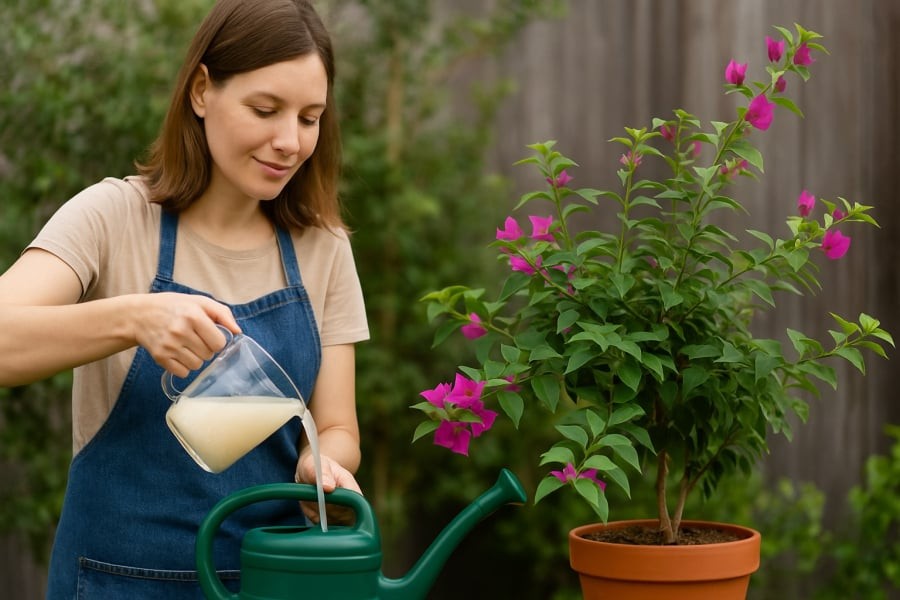 Nước vo gạo – bí quyết đơn giản nhưng hiệu quả giúp cây hoa giấy ra hoa bền và sai nụ.