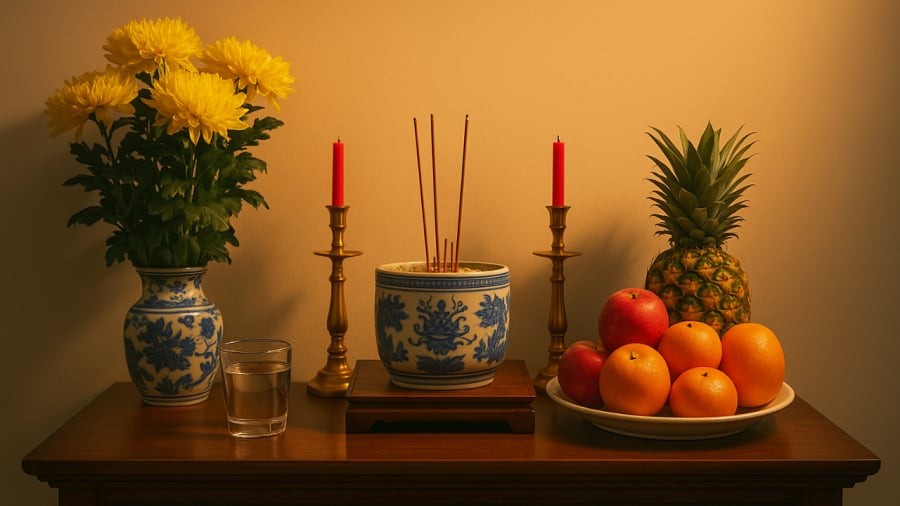 Không gian ban thờ gọn gàng, thanh tịnh là nơi nuôi dưỡng năng lượng tốt lành cho cả ngôi nhà.