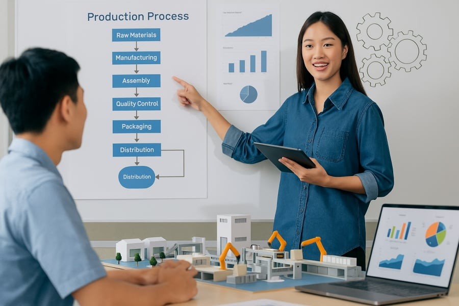 Sinh viên thực hành mô phỏng chuỗi sản xuất – kỹ năng thiết yếu của ngành Kỹ thuật Hệ thống công nghiệp.