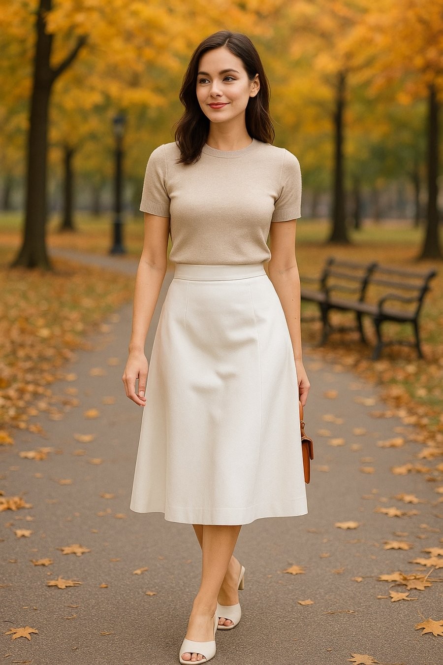 Outfit nhẹ nhàng ngày thu: áo len mỏng và chân váy trắng giúp hack dáng hiệu quả.
