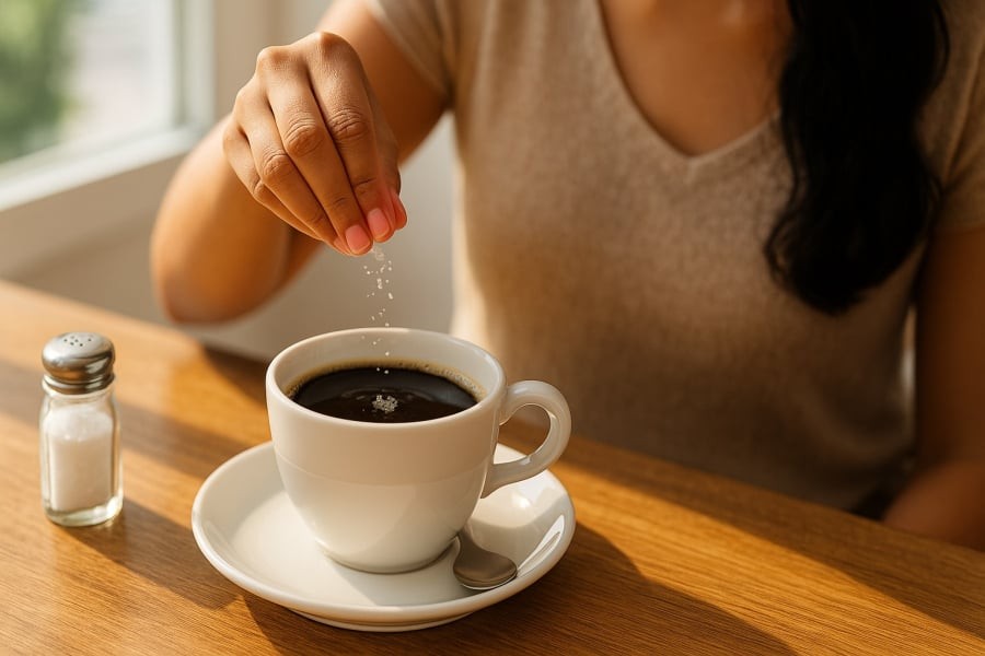 Mẹo nhỏ mỗi sáng: thêm muối vào cà phê đen để giảm vị đắng mà vẫn giữ trọn lợi ích.