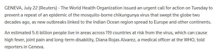 Tổ chức Y tế Thế giới WHO đã lên tiếng cảnh báo về virus Chikungunya.