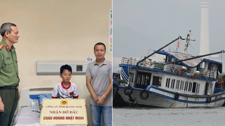 Công an Quảng Ninh nhận đỡ đầu cháu bé sống sót trong vụ lật tàu Vịnh Xanh 58 trên vịnh Hạ Long ngày 19/7 vừa qua.