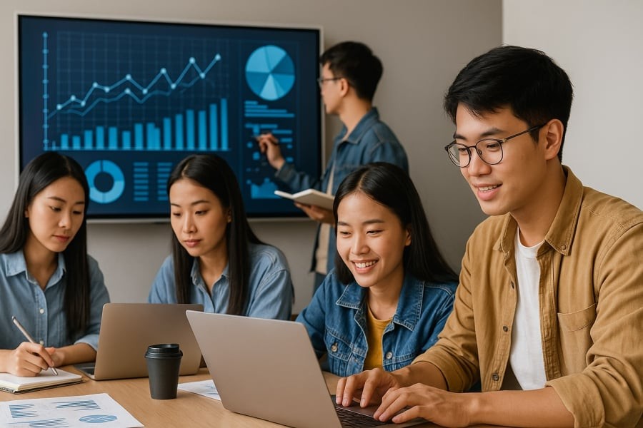 Sinh viên ngành Marketing số và Logistics đang học cách phân tích dữ liệu và ứng dụng công nghệ vào thực tiễn.