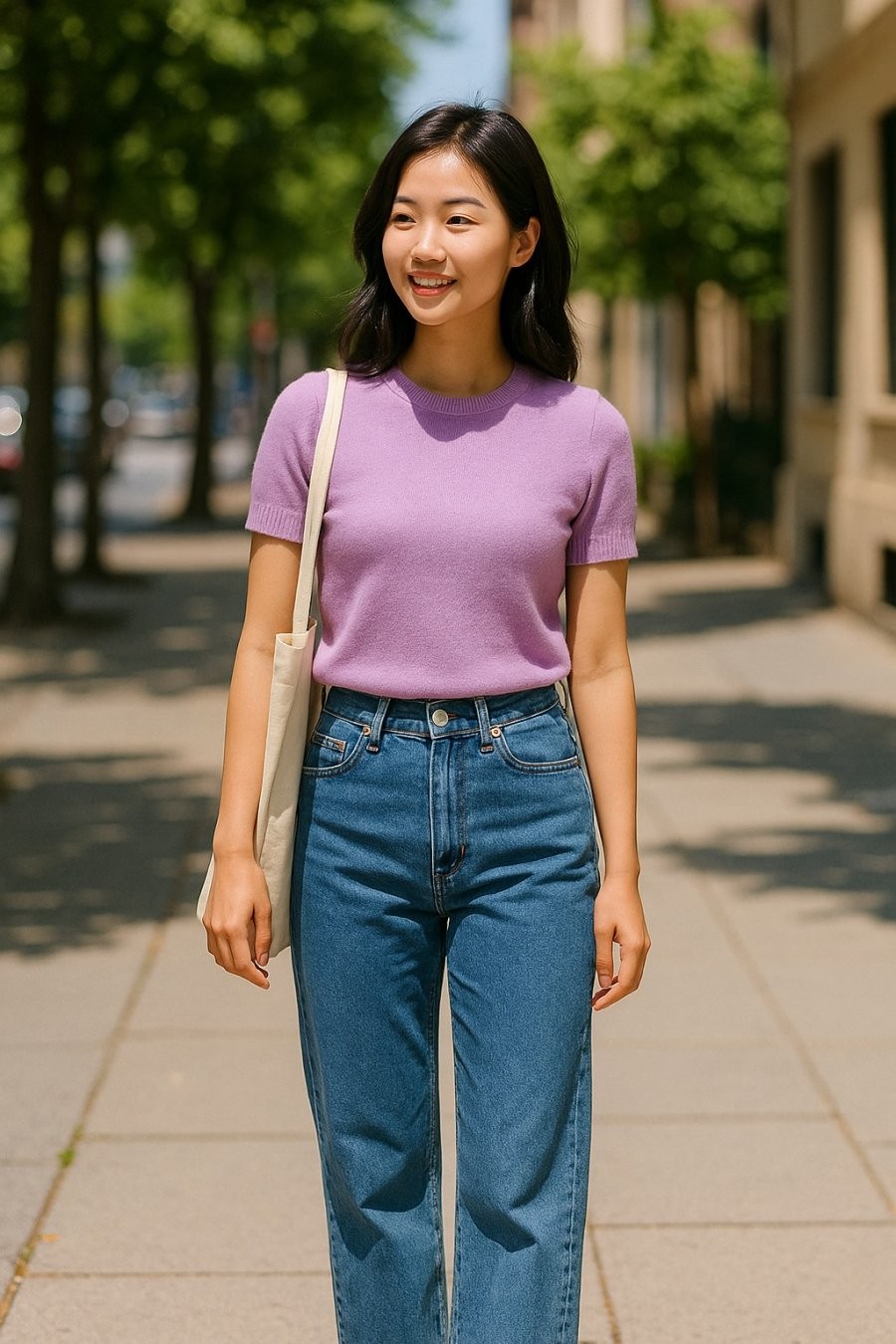 Trẻ trung, hiện đại với combo áo len tím và quần jeans – sự kết hợp đơn giản mà ghi điểm tuyệt đối.