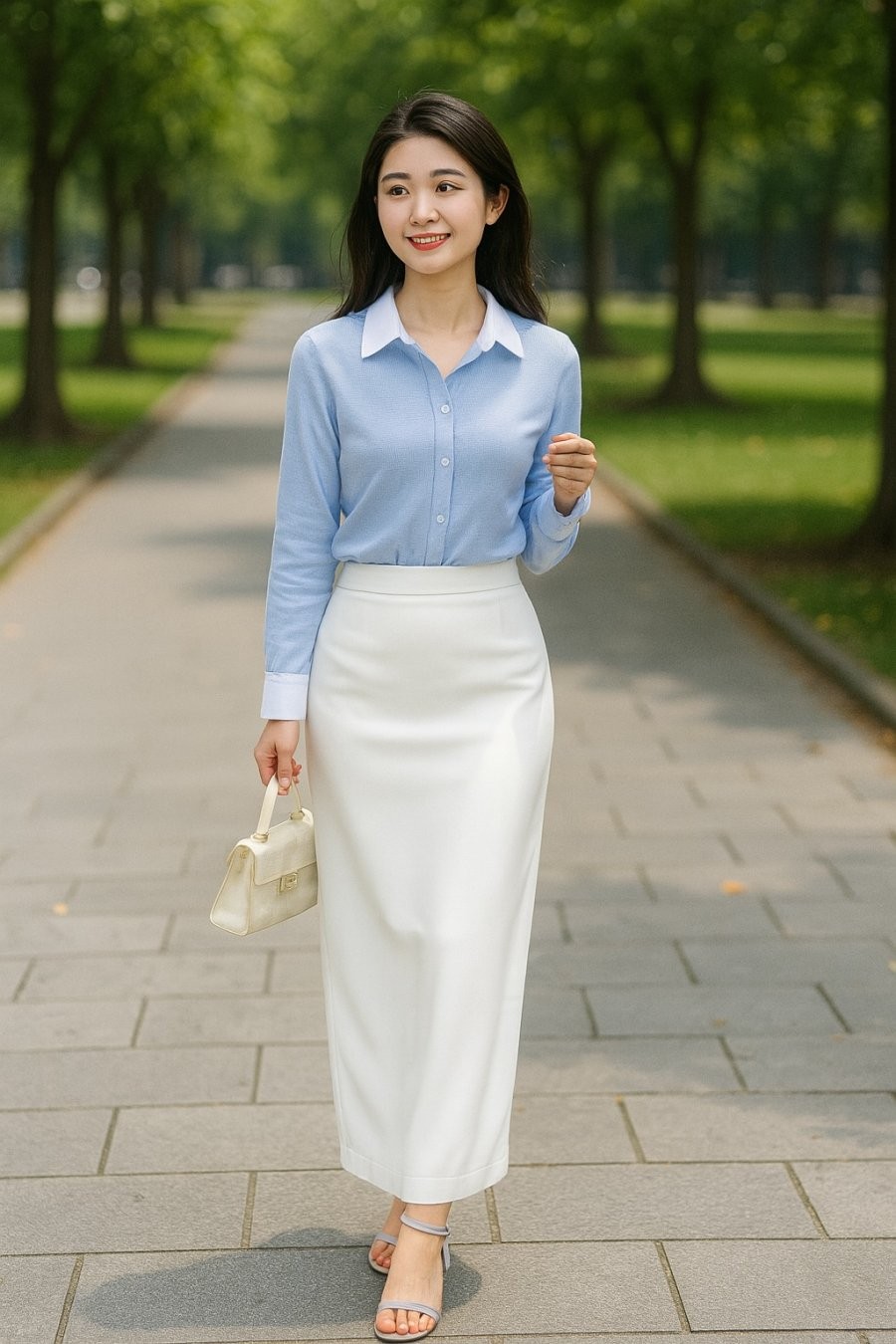 Màu xanh pastel mang đến cảm giác dễ chịu, khi được phối cùng chân váy trắng sẽ tạo nên tổng thể vô cùng nhẹ nhàng, thanh lịch