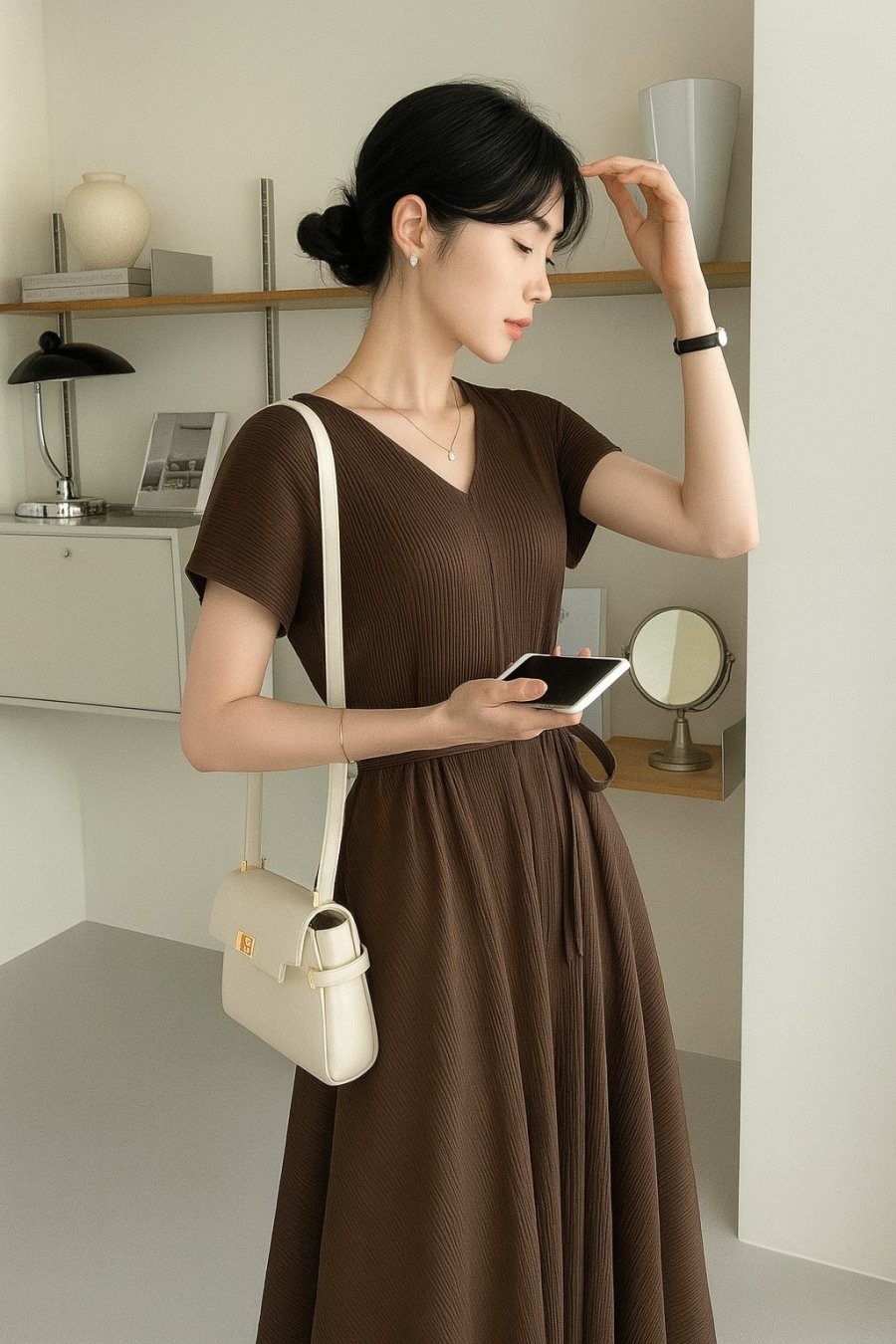 Chiếc váy màu nâu nhấn eo nhẹ nhàng sẽ giúp tôn dáng, che khuyết điểm tốt và dễ dàng diện từ công sở đến những buổi hẹn nhẹ nhàng