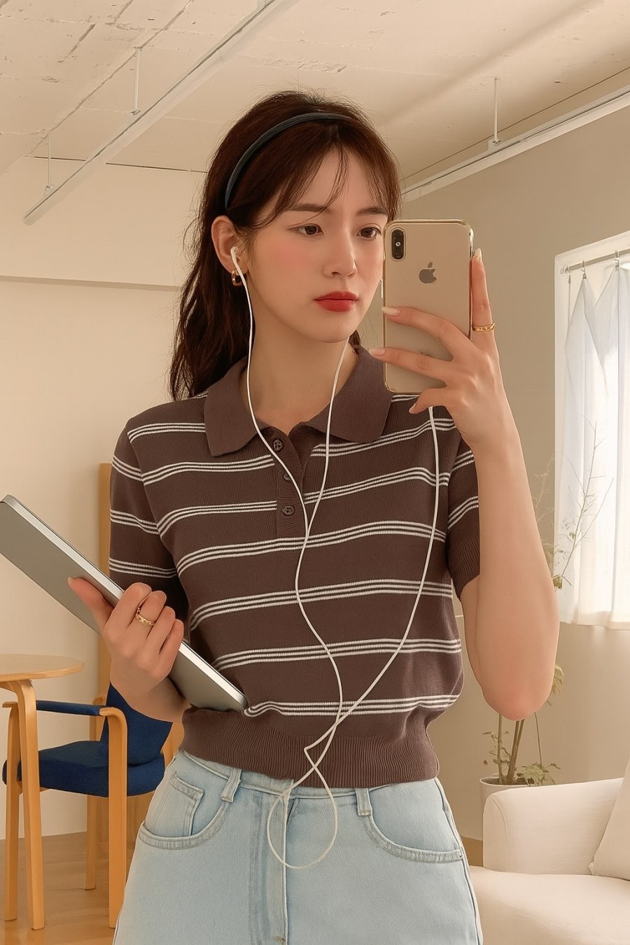 Chiếc áo cổ bẻ kẻ ngang vừa nổi bật vừa tôn dáng, khi đi cùng jeans sáng màu sẽ giúp bạn trông tươi tắn, năng động hơn hẳn.