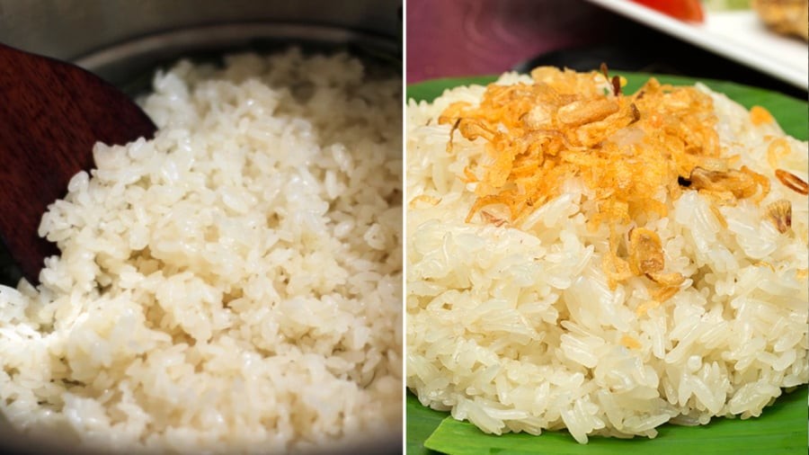 Sau khi chần/ngâm gạo trong nước nóng, bạn chỉ cần đồ xôi khoảng 10 phút là được.