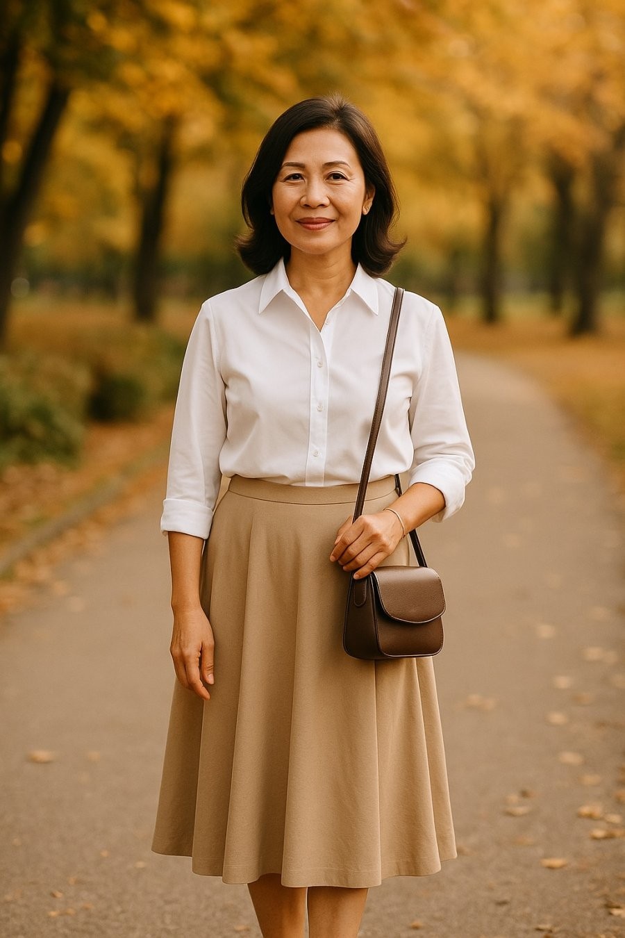 Thanh lịch tuổi trung niên với váy midi và gam màu trung tính.