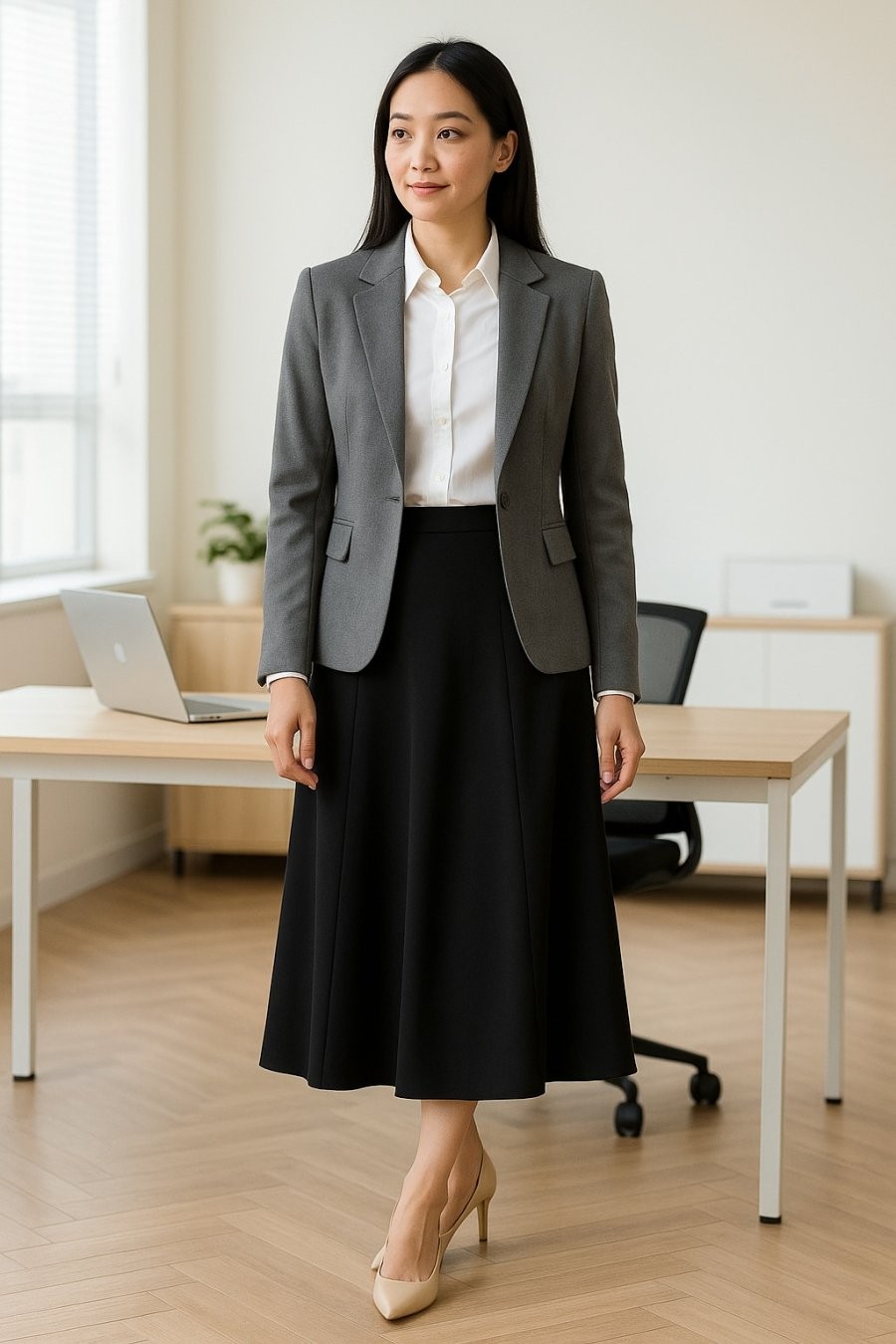 Thanh lịch nơi công sở với chân váy đen dáng dài, blazer và sơ mi trắng cổ điển.