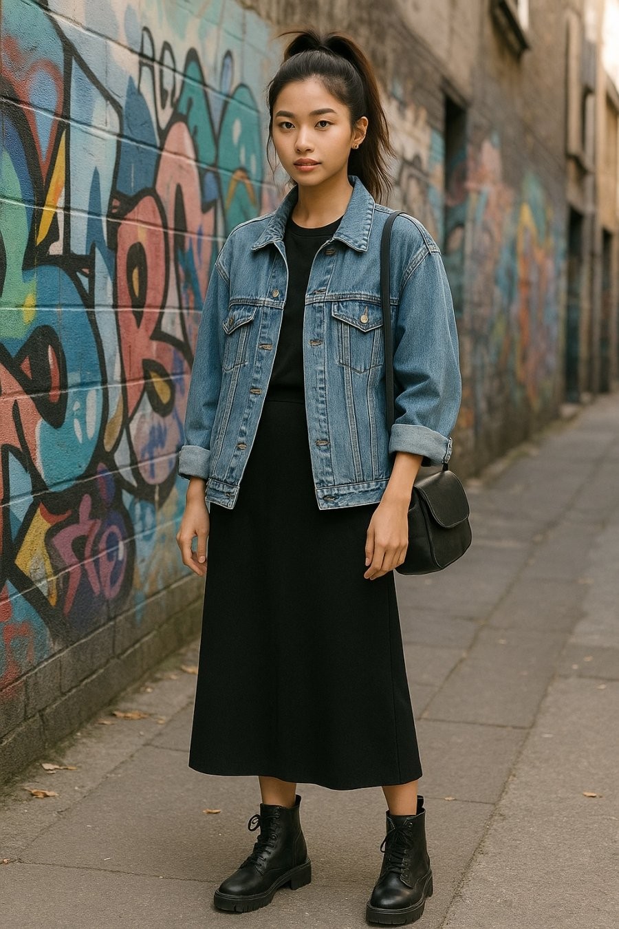 Cá tính và năng động với denim jacket và chân váy đen dài trong street style hiện đại.