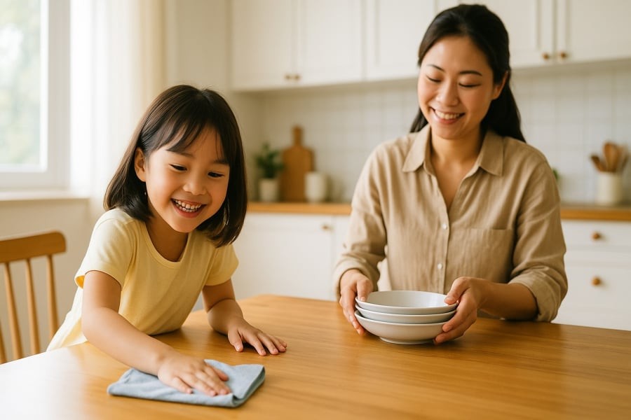 Làm việc nhà giúp trẻ phát triển tính tự lập và cảm nhận được sự gắn kết gia đình.