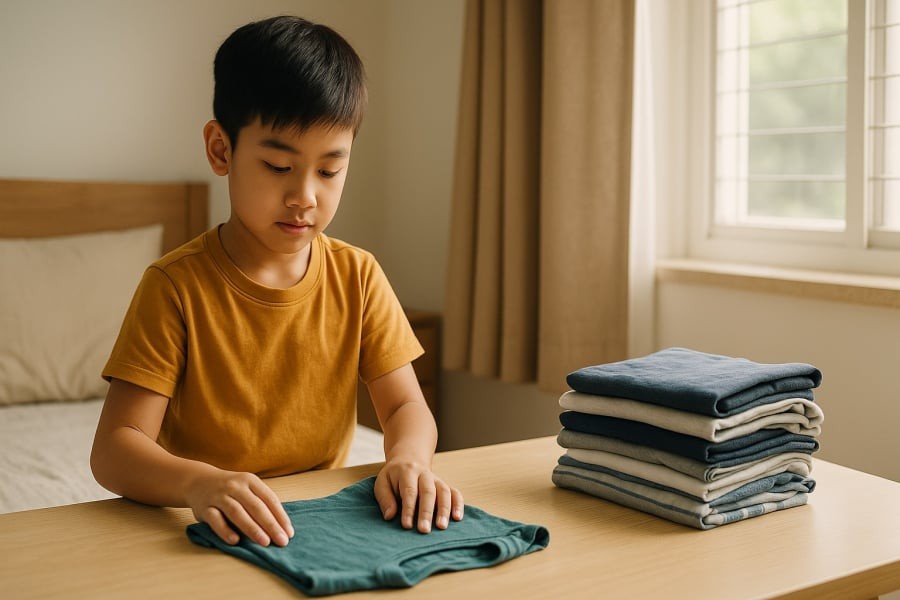 Từ những việc nhỏ như gấp quần áo, trẻ học được sự cẩn thận và trách nhiệm với không gian sống của mình.