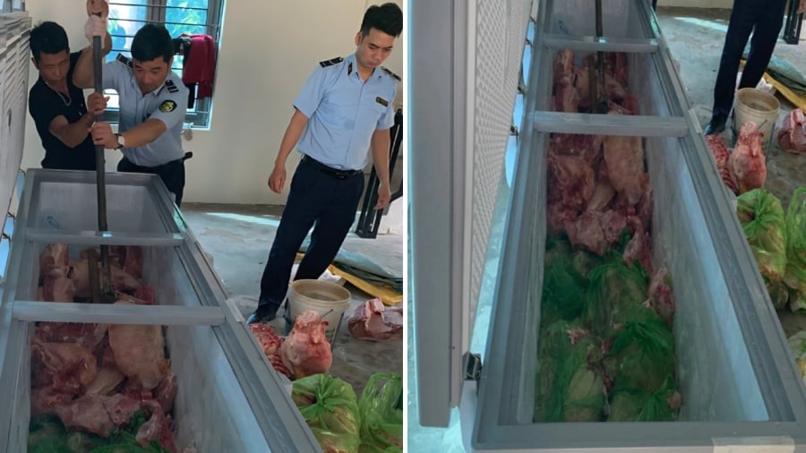 Lực lượng chức năng kiểm tra và thu giữ tang vật liên quan đến vụ việc mua bán lợn nhiễm dịch tả lợn châu Phi. (Ảnh: Công an Thanh Hóa)