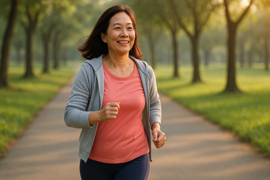Đi bộ nhanh mỗi sáng giúp tăng cường sức khỏe tim mạch và kéo dài tuổi thọ.