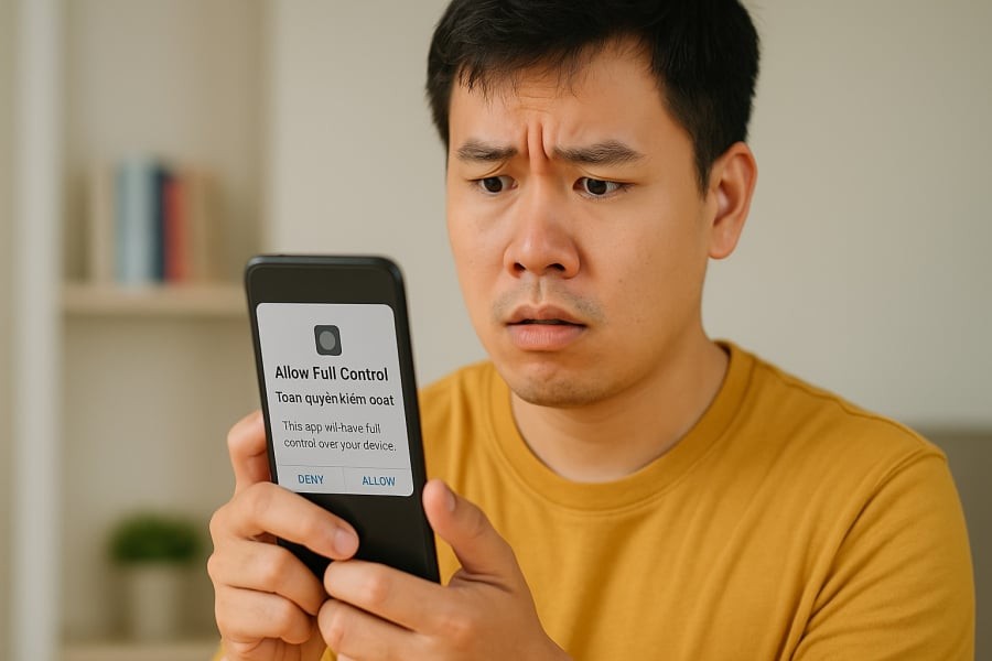 Cảnh báo khi ứng dụng yêu cầu “Toàn quyền kiểm soát” trên điện thoại Android.