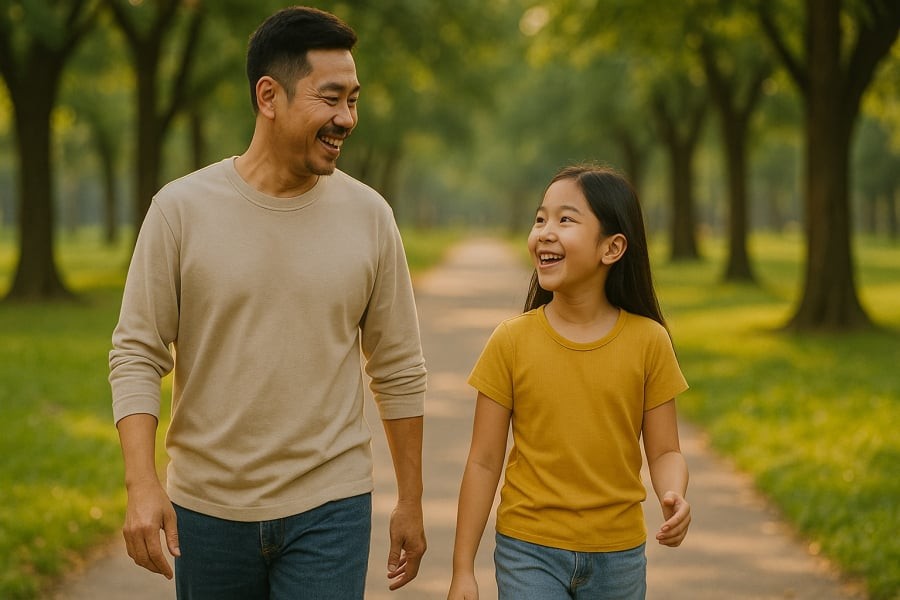 Chọn thời điểm thư giãn như đi dạo cùng con sẽ giúp cuộc trò chuyện trở nên gần gũi, dễ dàng hơn.