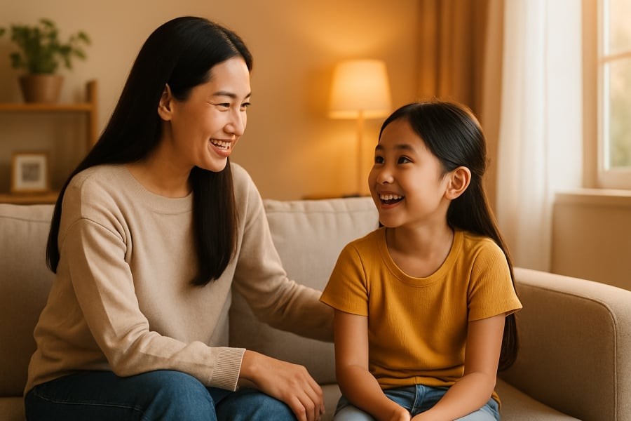 Khoảnh khắc trò chuyện nhẹ nhàng mỗi ngày giúp con cảm thấy được yêu thương và an toàn.