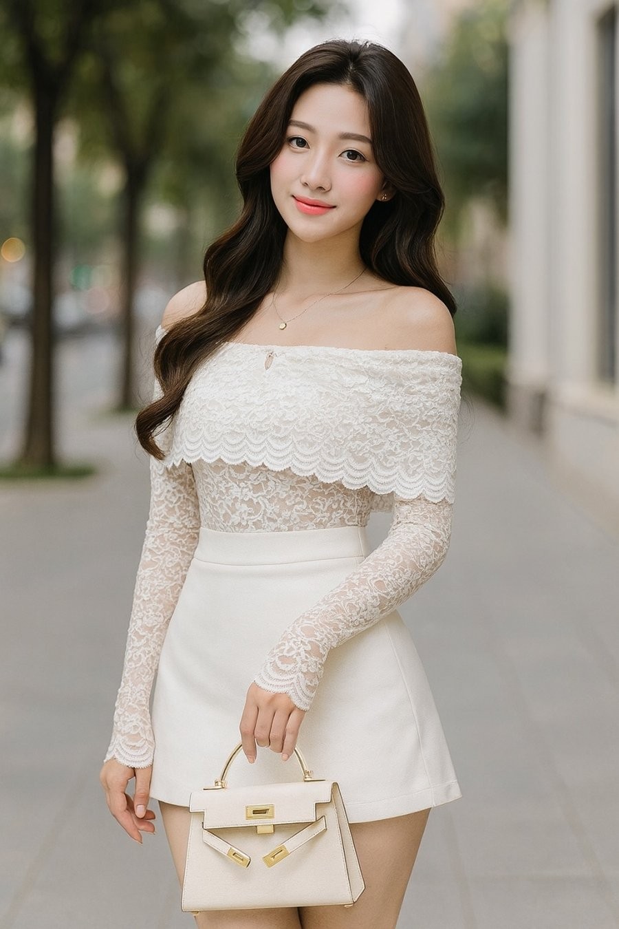 Khi muốn hóa thân thành một nàng tiểu thư hiện đại, hãy thử kết hợp áo ren trễ vai với chân váy ngắn