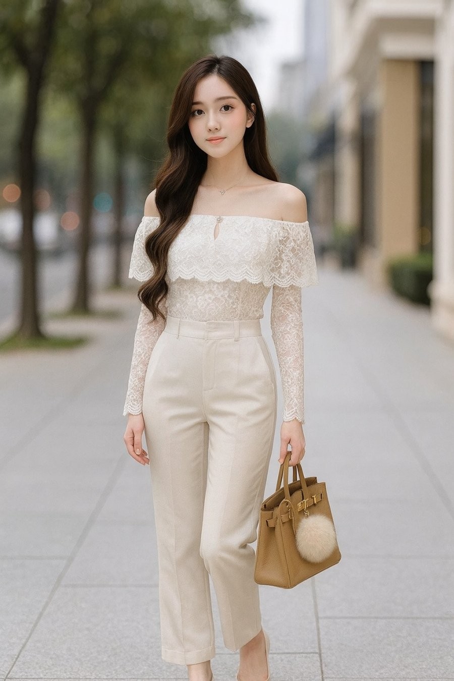 Kết hợp áo ren trễ vai với quần âu ống suông hoặc quần palazzo sẽ tạo nên tổng thể vừa thanh lịch vừa bay bổng
