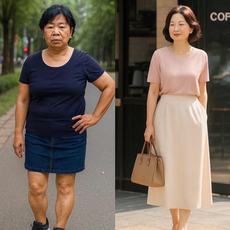 Váy dài qua gối không chỉ che khuyết điểm đôi chân mà còn tôn nét duyên dáng của phụ nữ trung niên.