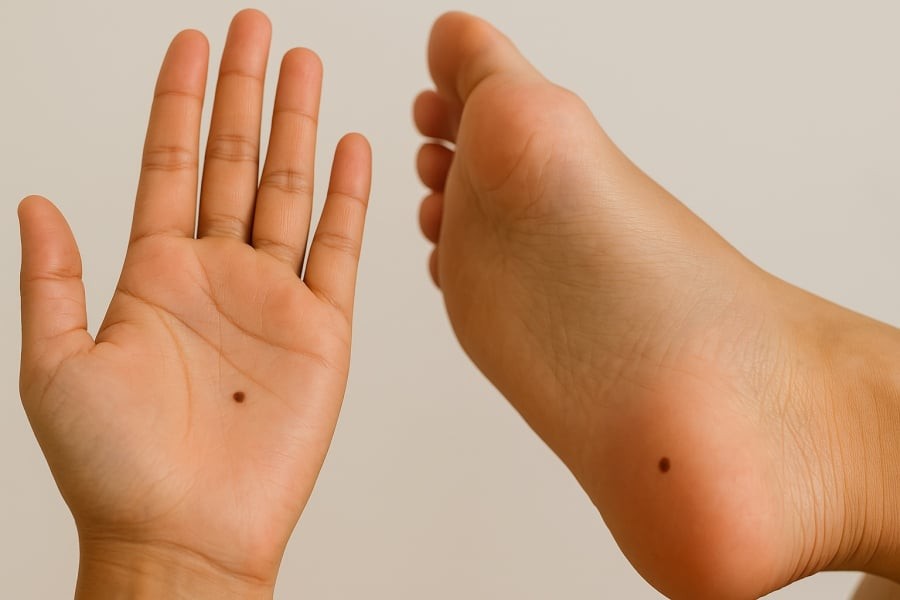 Nốt ruồi ở lòng bàn tay, bàn chân thường khó quan sát nhưng lại dễ bị tổn thương.