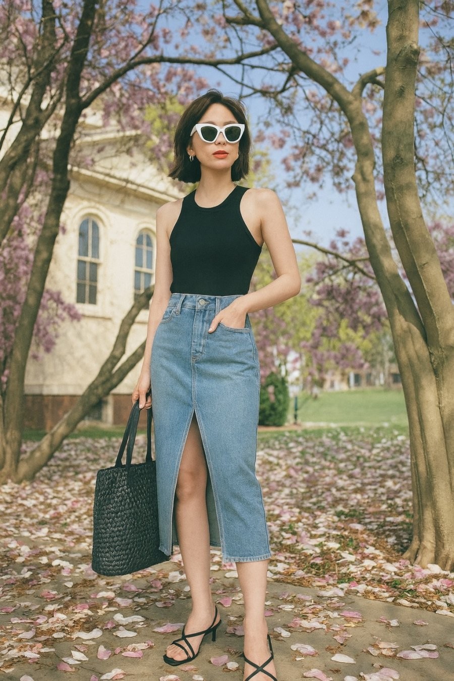 Gợi cảm vừa đủ với tank top ôm sát và chân váy denim xẻ tà, cực hợp cho buổi hẹn cà phê.