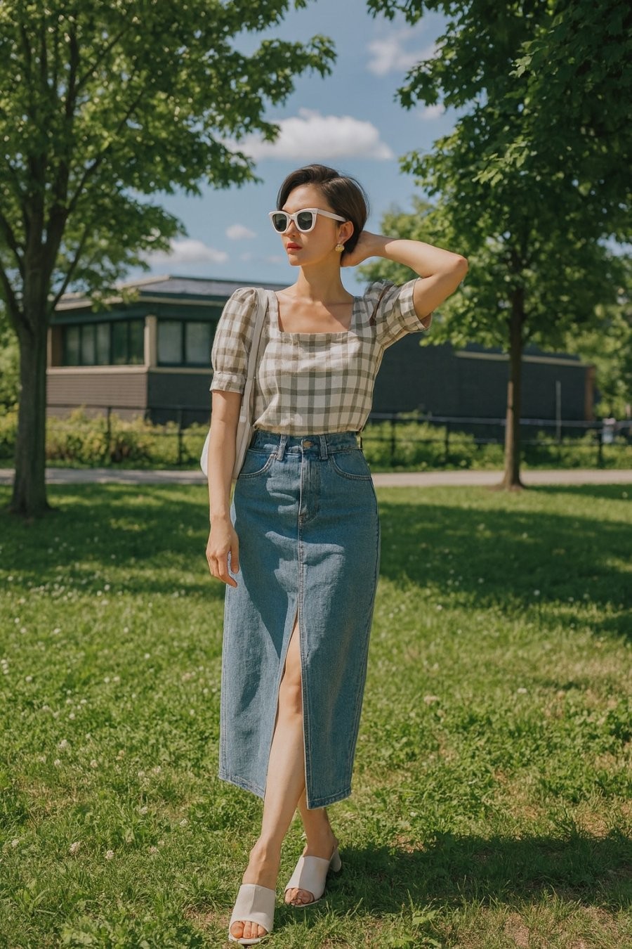 Thanh lịch mà vẫn tươi tắn – combo blouse kẻ ô và chân váy denim chuẩn nàng thơ mùa thu.