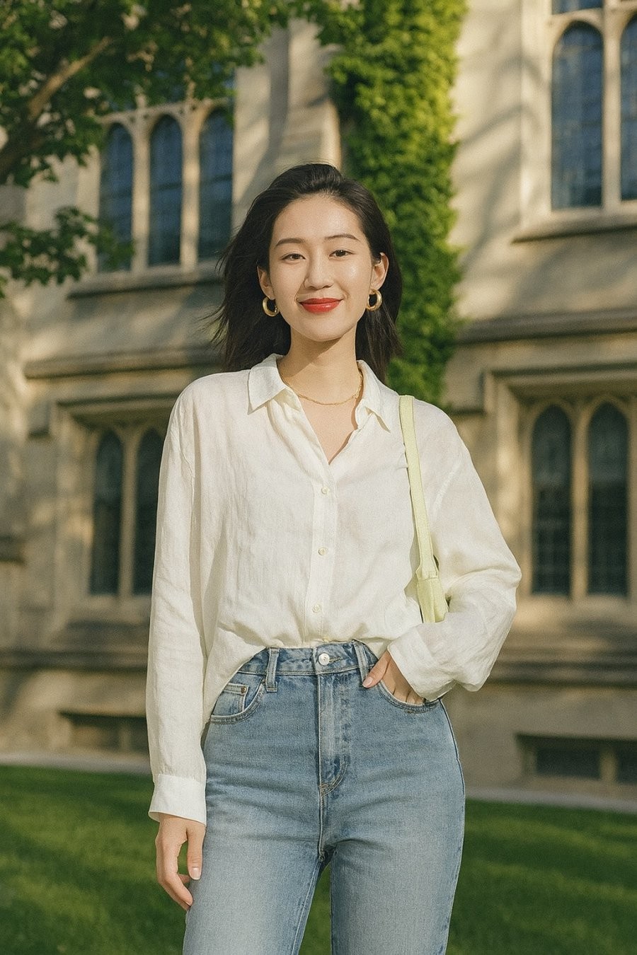 Set đồ kinh điển: sơ mi trắng mix jeans ống đứng, đơn giản mà chưa bao giờ lỗi mốt.