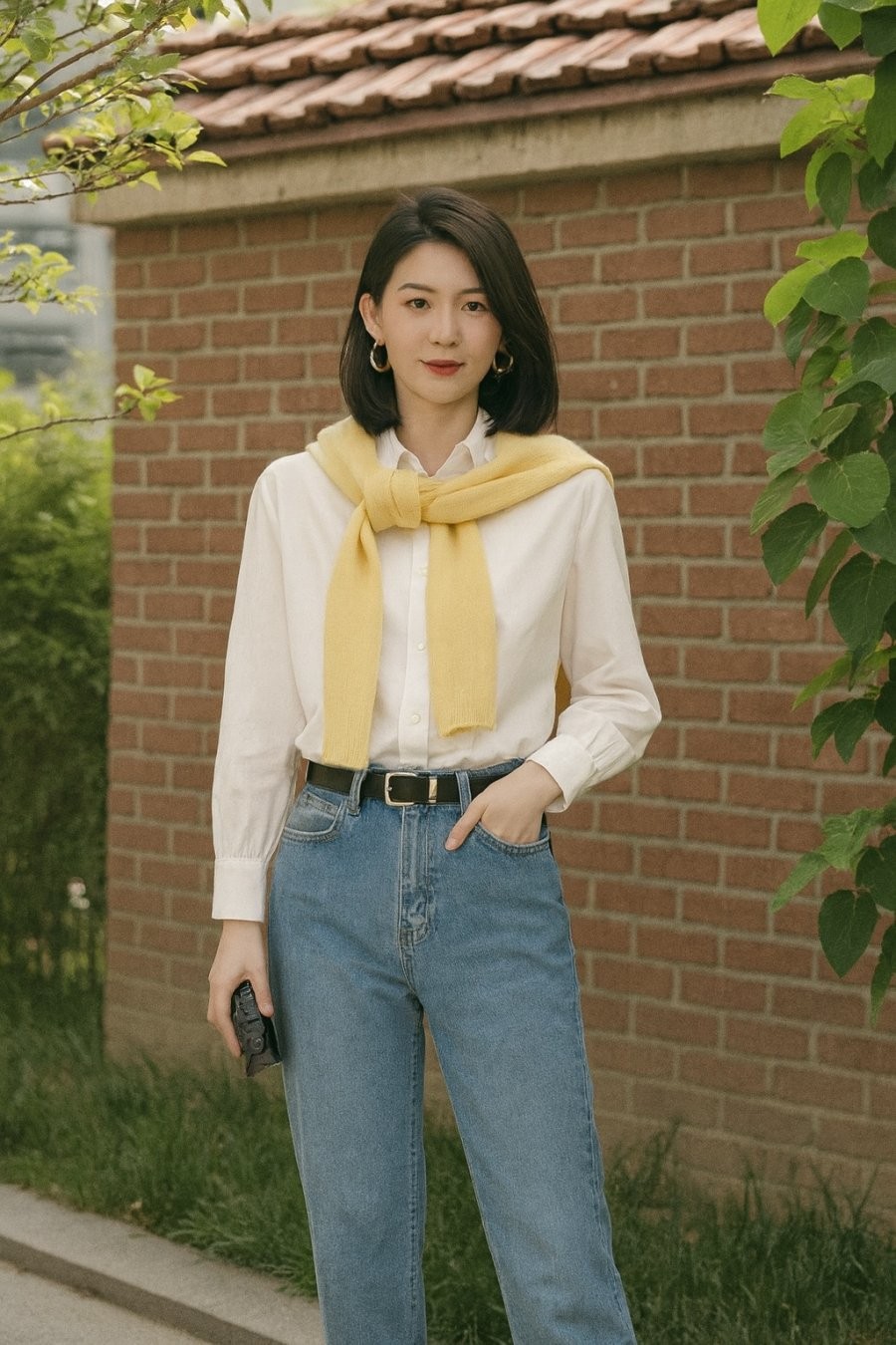 Chỉ cần thêm áo len quàng vai và thắt lưng da, outfit công sở bỗng sang chảnh hẳn lên.
