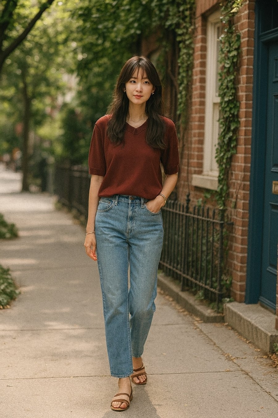 Tông đỏ nâu ấm áp song hành cùng xanh denim, vừa cổ điển vừa tôn da.